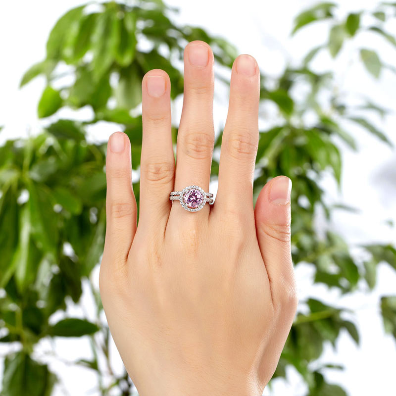 925 Sterling Silver Halo Ring Set Pink Diamond - View 2 | SelinJewels
