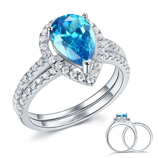 Sterling 925 Silver Bridal Ring Set 2 Carat Pear Fancy Blue Simulated Diamond | SelinJewels