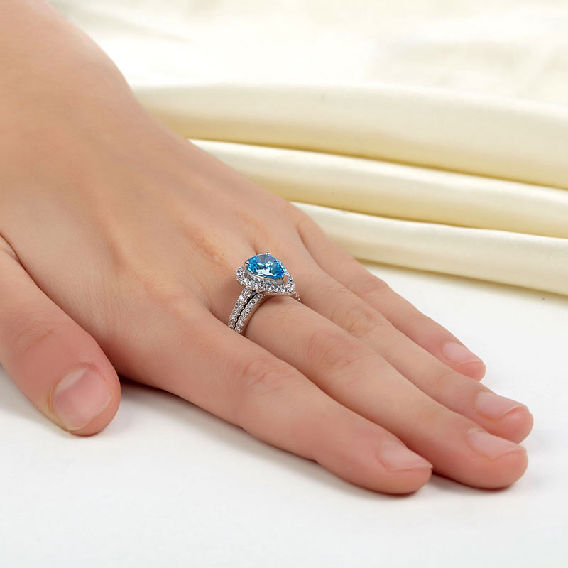 Sterling Silver Bridal Ring Set Pear Blue Diamond - View 6 | SelinJewels