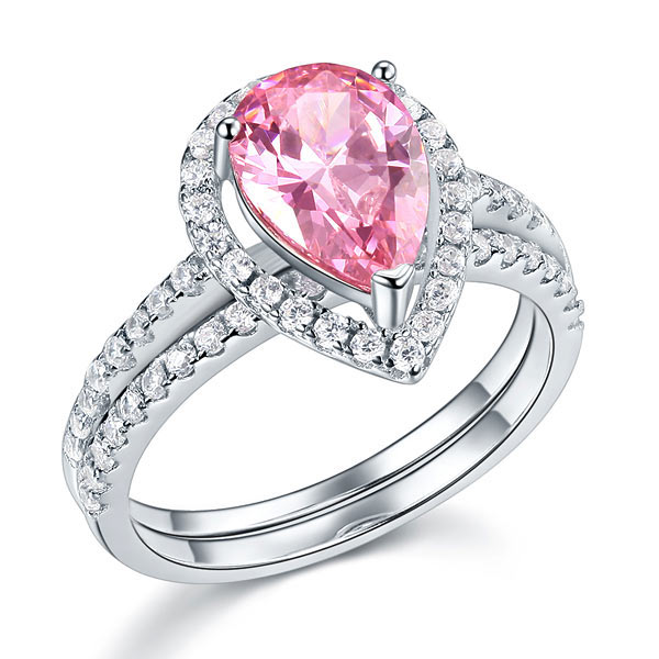 Sterling Silver Bridal Ring Set Pear Pink Diamond - View 7 | SelinJewels