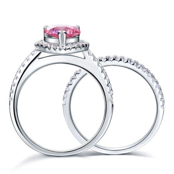 Sterling Silver Bridal Ring Set Pear Pink Diamond - View 3 | SelinJewels