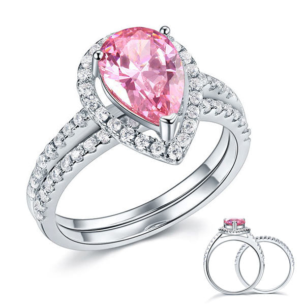 Sterling 925 Silver Bridal Ring Set 2 Carat Pear Fancy Pink Simulated Diamond | SelinJewels