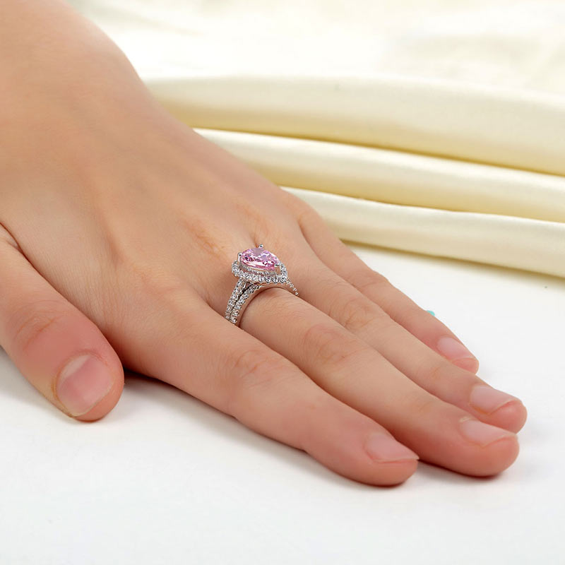 Sterling Silver Bridal Ring Set Pear Pink Diamond - View 6 | SelinJewels