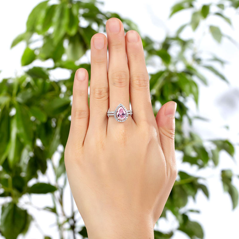 Sterling Silver Bridal Ring Set Pear Pink Diamond - View 2 | SelinJewels