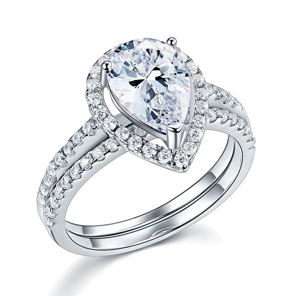Solid Sterling 925 Silver Bridal Wedding Promise Engagement Ring Set 2 Ct Pear Jewelry