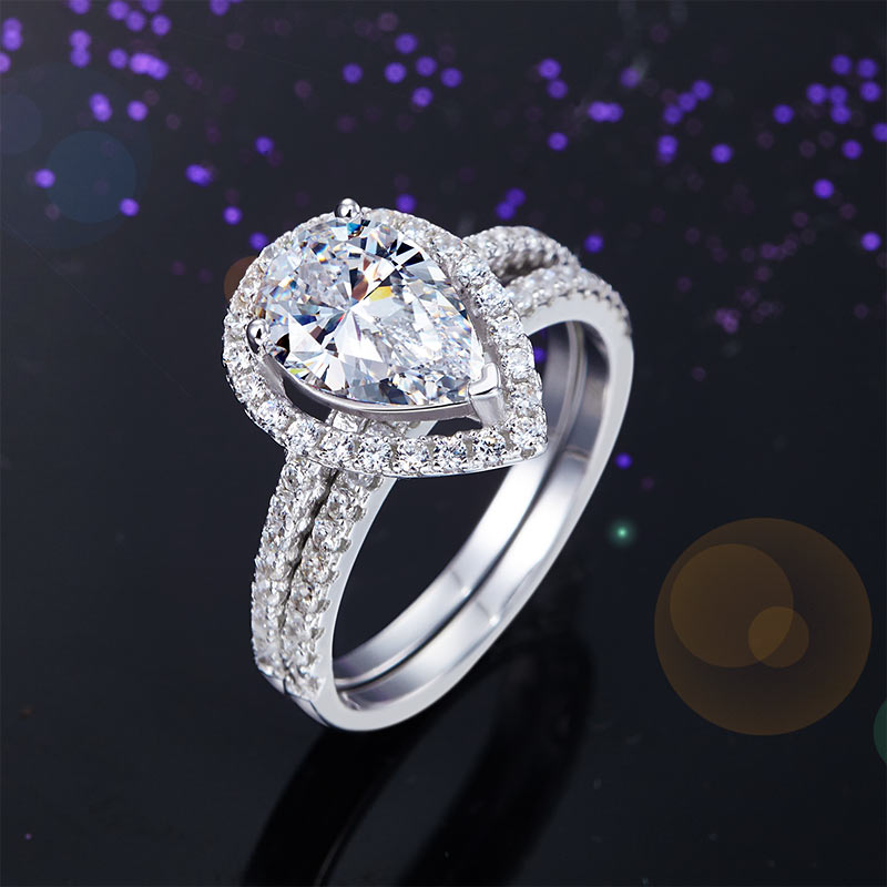 Solid Sterling 925 Silver Bridal Wedding Promise Engagement Ring Set 2 Ct Pear Jewelry
