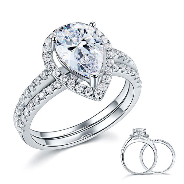 Solid Sterling 925 Silver Bridal Wedding Promise Engagement Ring Set 2 Ct Pear | SelinJewels