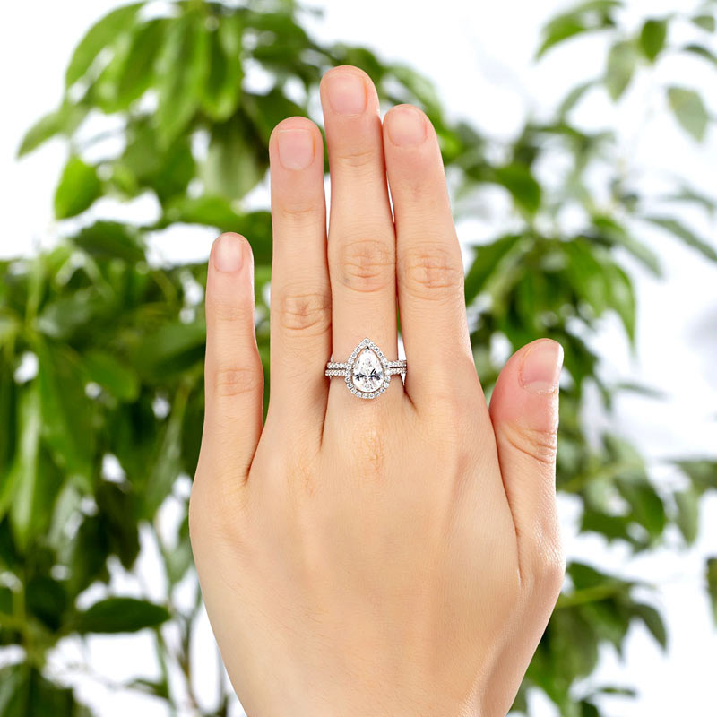 Solid Sterling Silver Bridal Pear Ring Set - View 2 | SelinJewels
