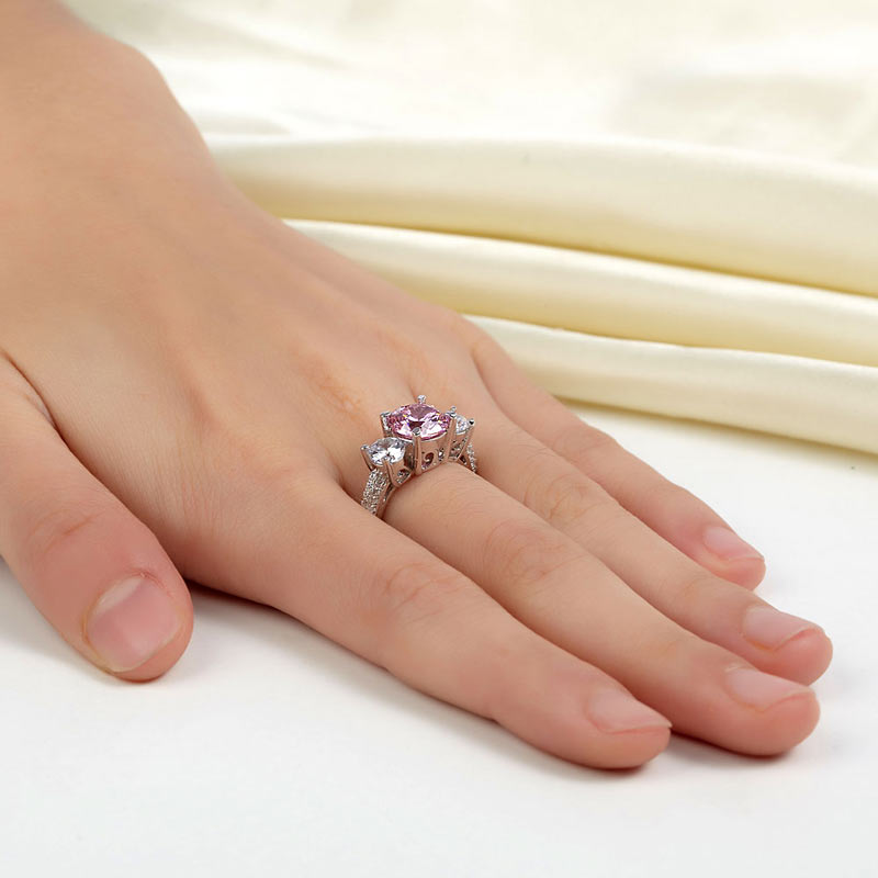 925 Sterling Silver 3-Stone Pink Diamond Ring Vintage - View 2 | SelinJewels