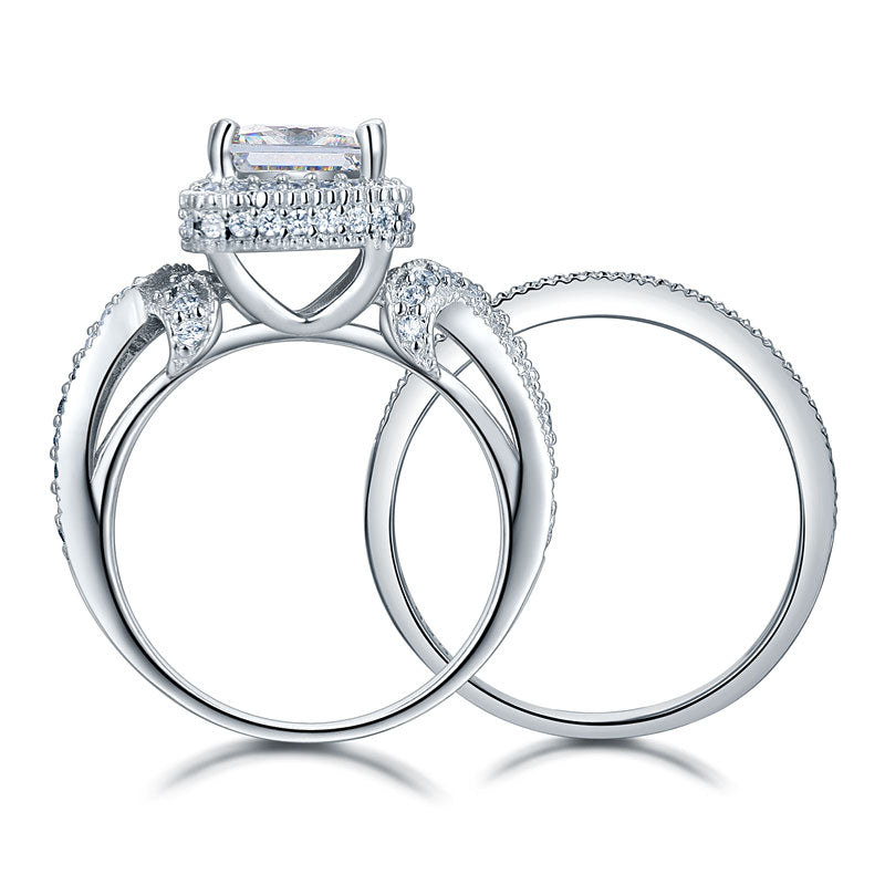 Solid 925 Sterling Silver Wedding Anniversary Engagement Ring Set Vintage Style Princess