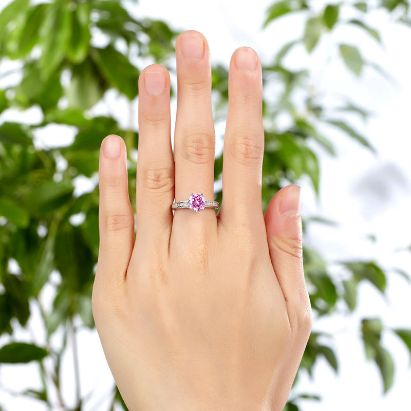 6 Claws Silver Promise Ring Fancy Pink Diamond - View 5 | SelinJewels