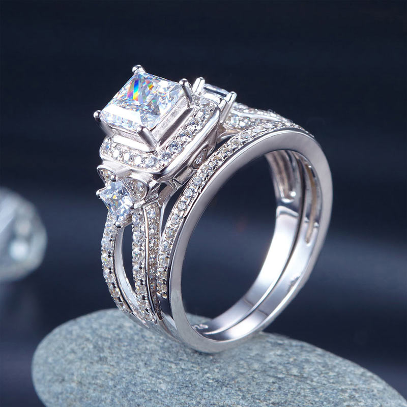 Princess Cut 925 Sterling Silver Wedding Engagement Ring Set Anniversary