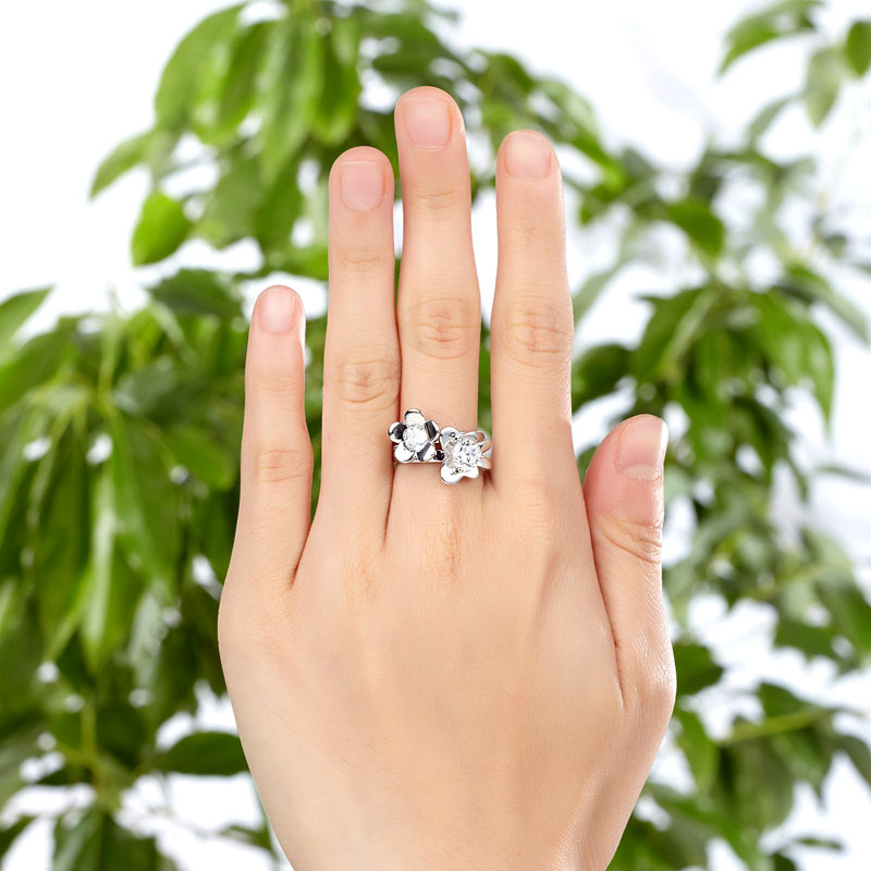 Solid 925 Sterling Silver 2-Pcs Butterfly Flower Ring Set - View 2 | SelinJewels