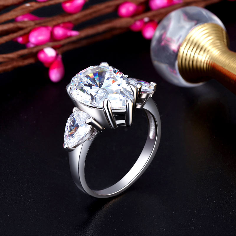 Pear Cut 4 Carat Solid 925 Sterling Silver Ring Three-Stone Pageant Luxury Jewelry