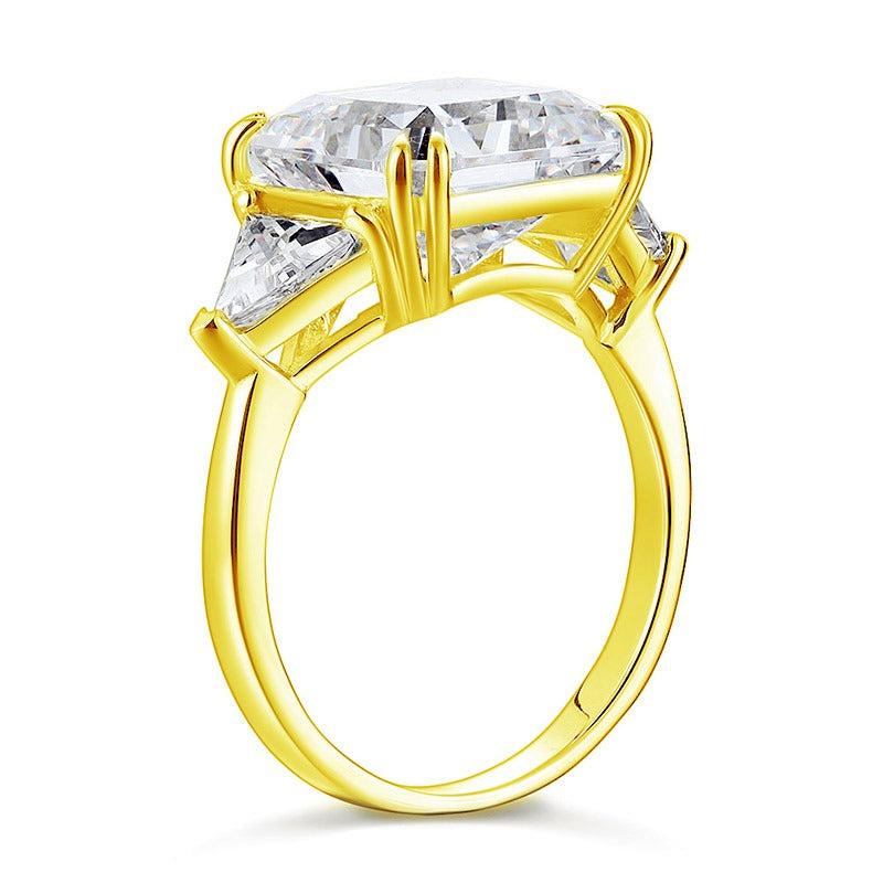 Solid 925 Sterling Silver Three-Stone Luxury Ring Anniversary 8 Carat Simulated Diamond Yellow Gold Plated
