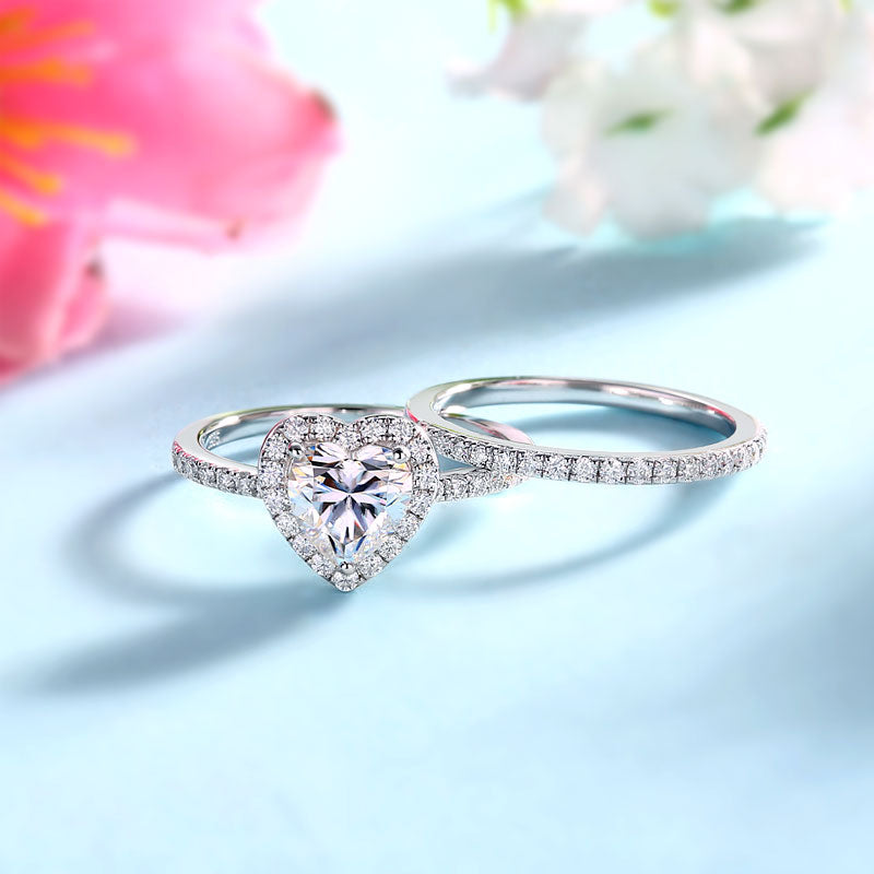 1 Carat Heart Moissanite Diamond Ring Set 925 Sterling Silver