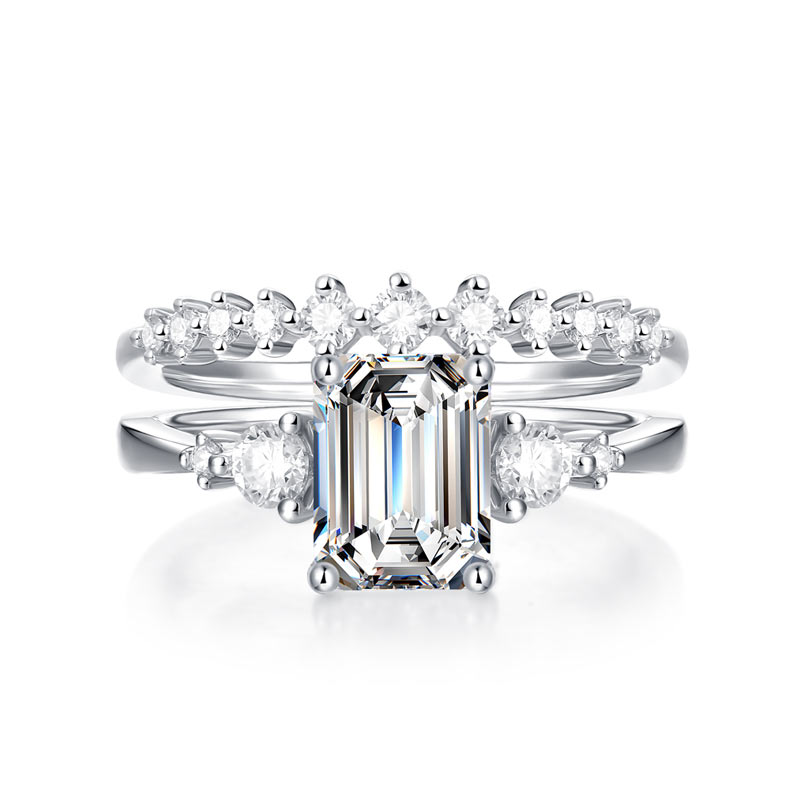 2 Carat Emerald Cut Moissanite Diamond Ring Set 925 Sterling Silver