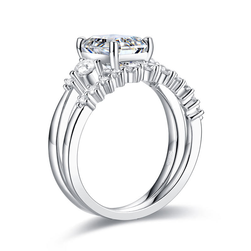 2 Carat Emerald Cut Moissanite Diamond Ring Set 925 Sterling Silver