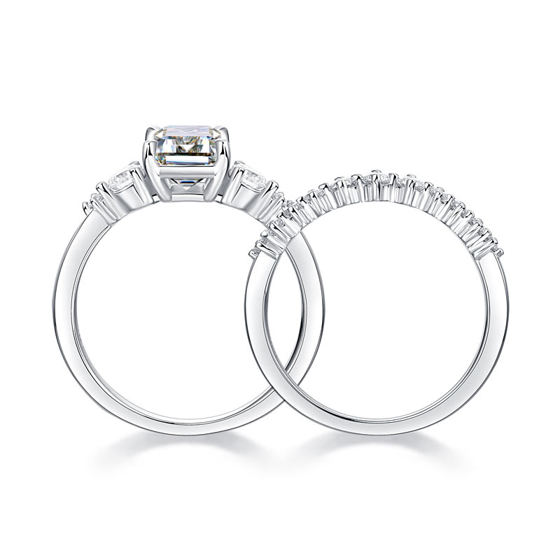 2 Carat Emerald Cut Moissanite Diamond Ring Set - View 6 | SelinJewels