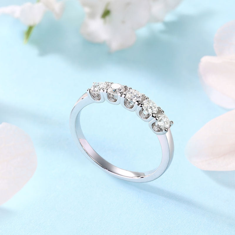 Five Stone Moissanite Diamond Wedding Band 925 Sterling Silver Ring - View 2 | SelinJewels