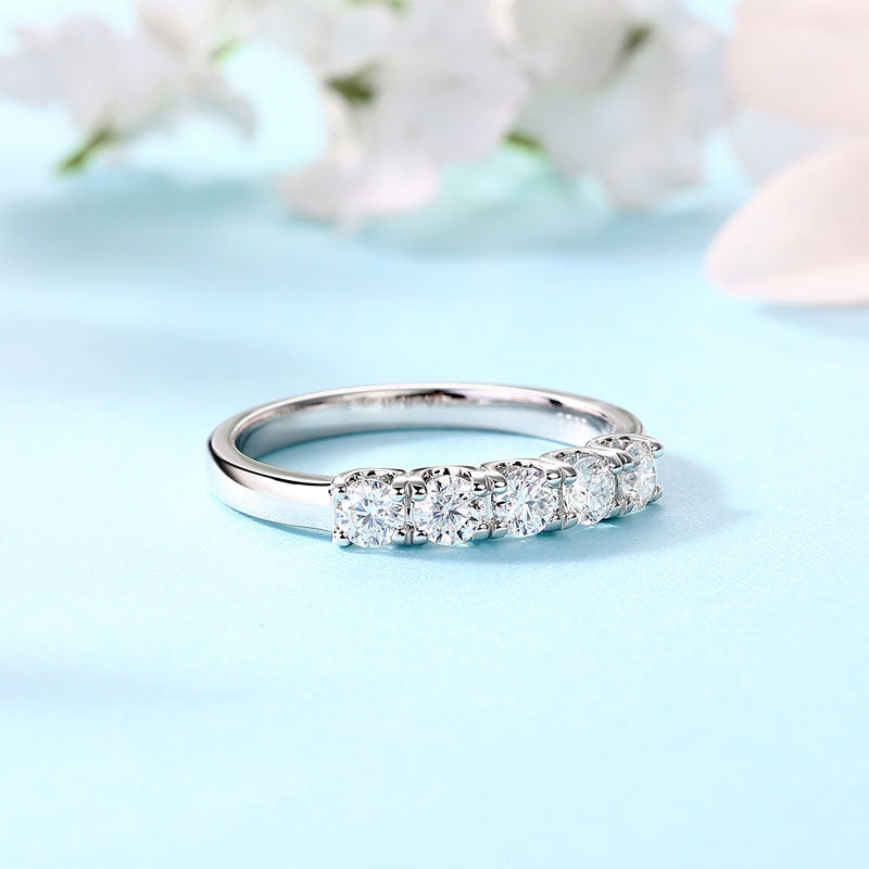 Five Stone Moissanite Diamond Wedding Band 925 Sterling Silver Ring - View 5 | SelinJewels