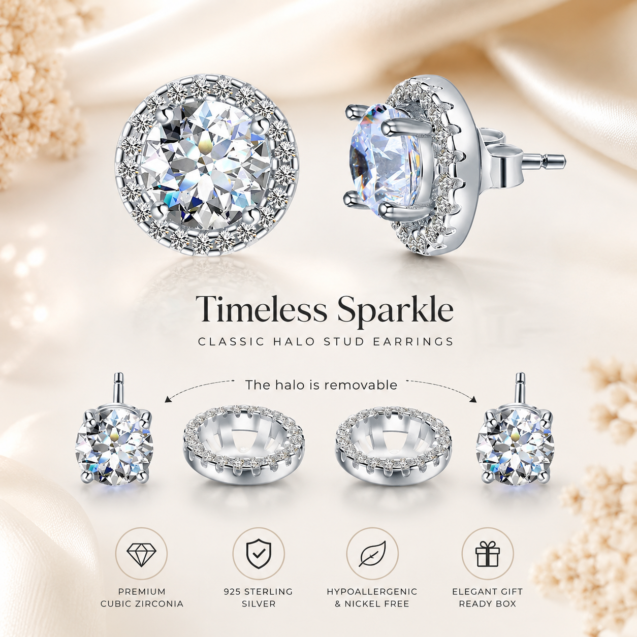 2.5 Carat Halo (Removable) Stud Earrings 925 Sterling Silver Jewelry