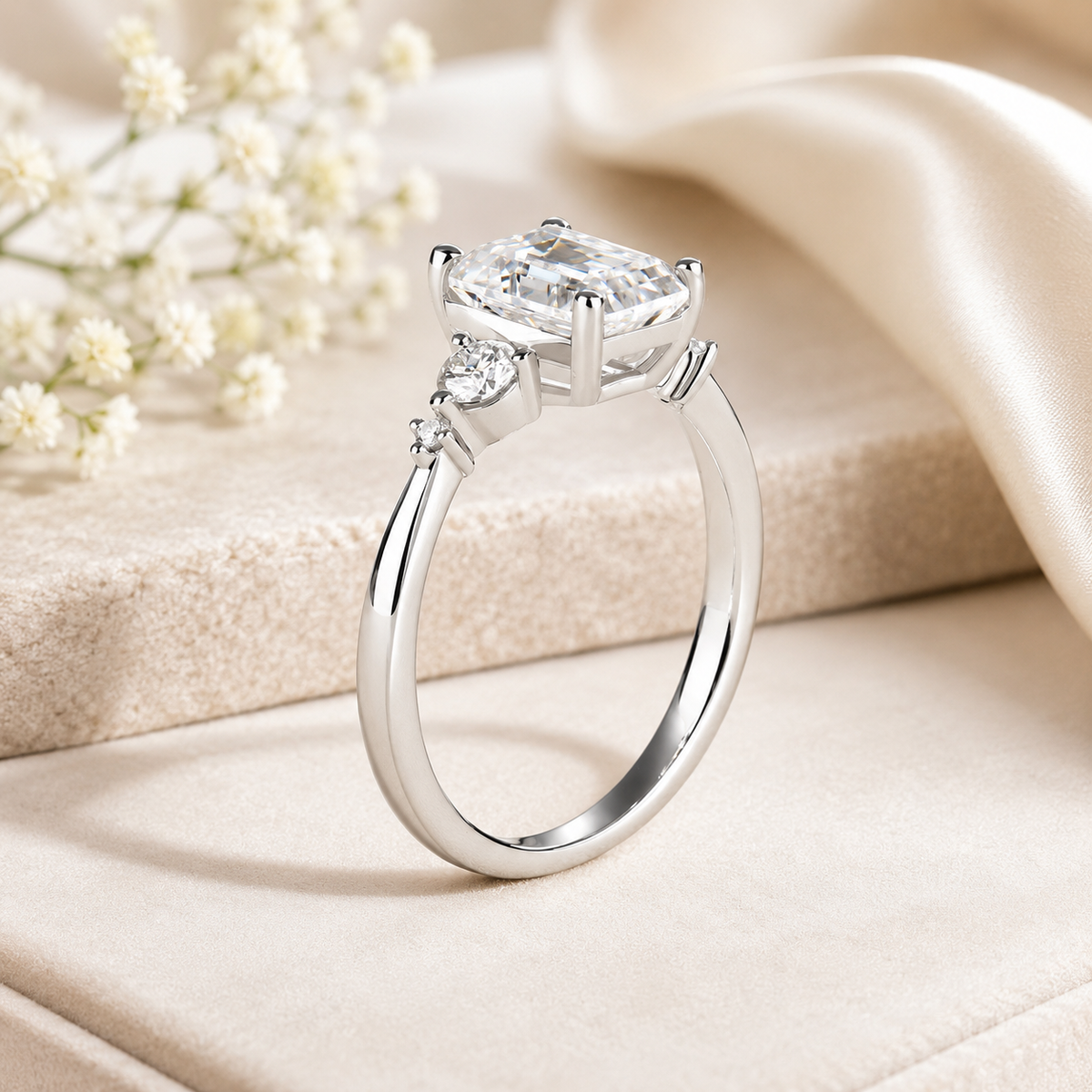 2 Carat Emerald Cut Moissanite Diamond Ring Set 925 Sterling Silver