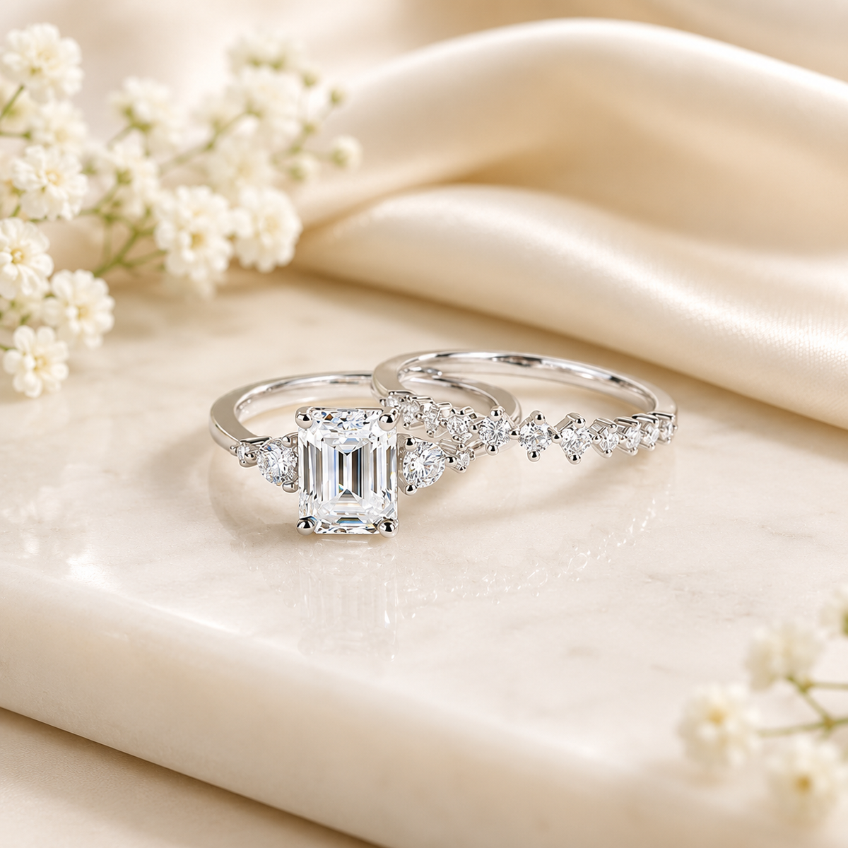 2 Carat Emerald Cut Moissanite Diamond Ring Set 925 Sterling Silver