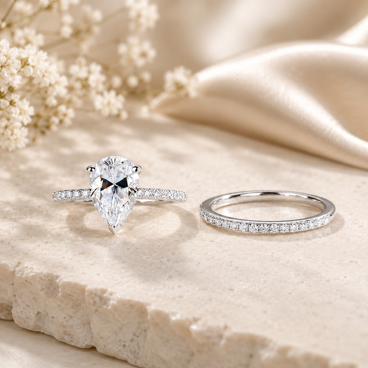 2 Carat Pear Cut Moissanite Diamond Ring Set 925 Sterling Silver