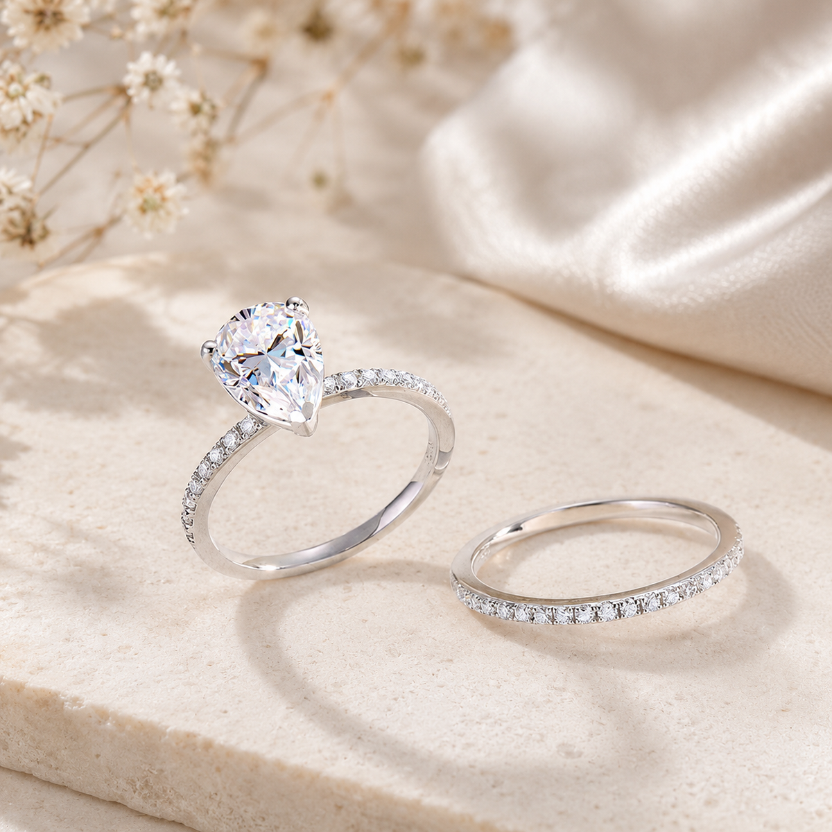 2 Carat Pear Cut Moissanite Diamond Ring Set 925 Sterling Silver