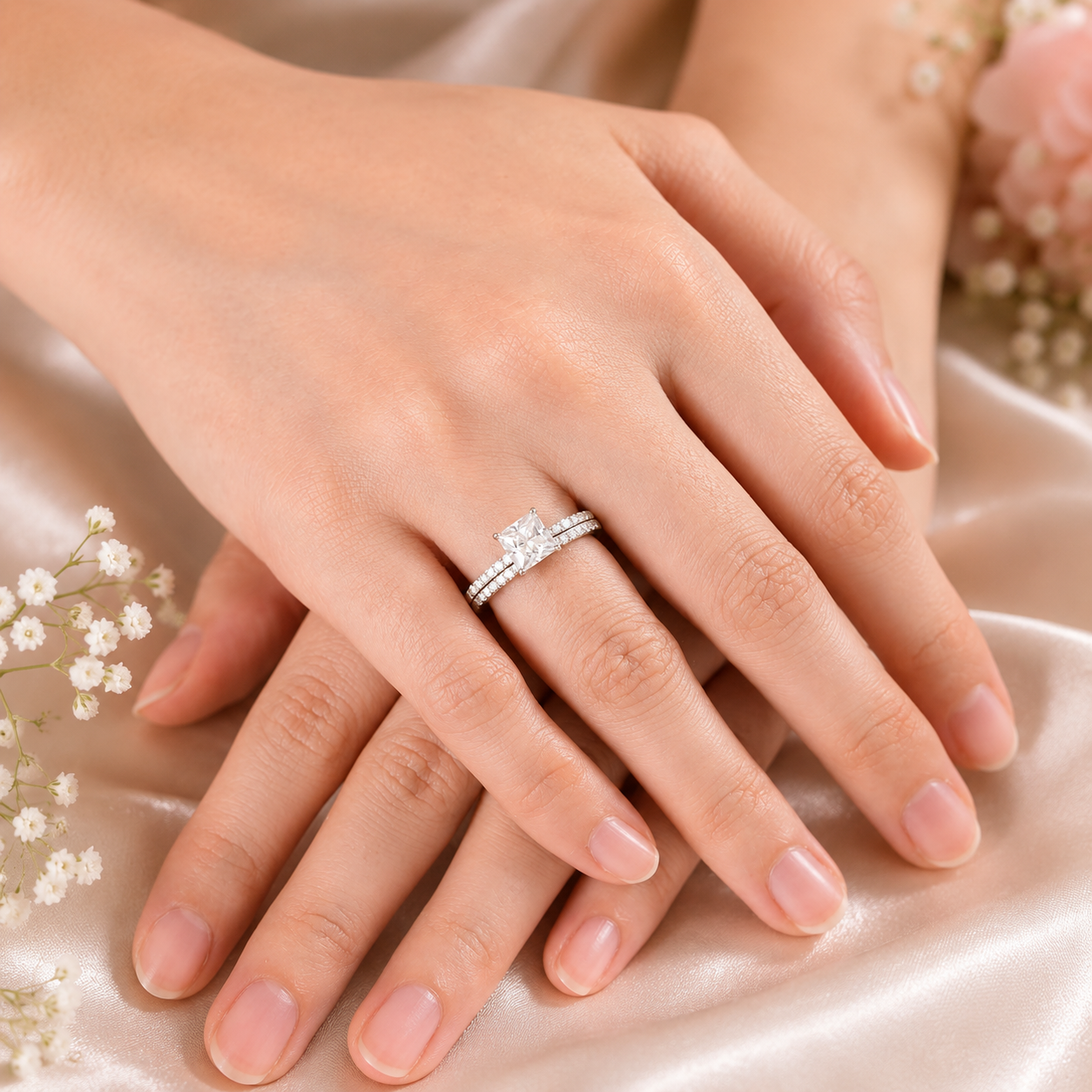 Princess Cut 1 Carat Moissanite Diamond Ring Set 925 Sterling Silver