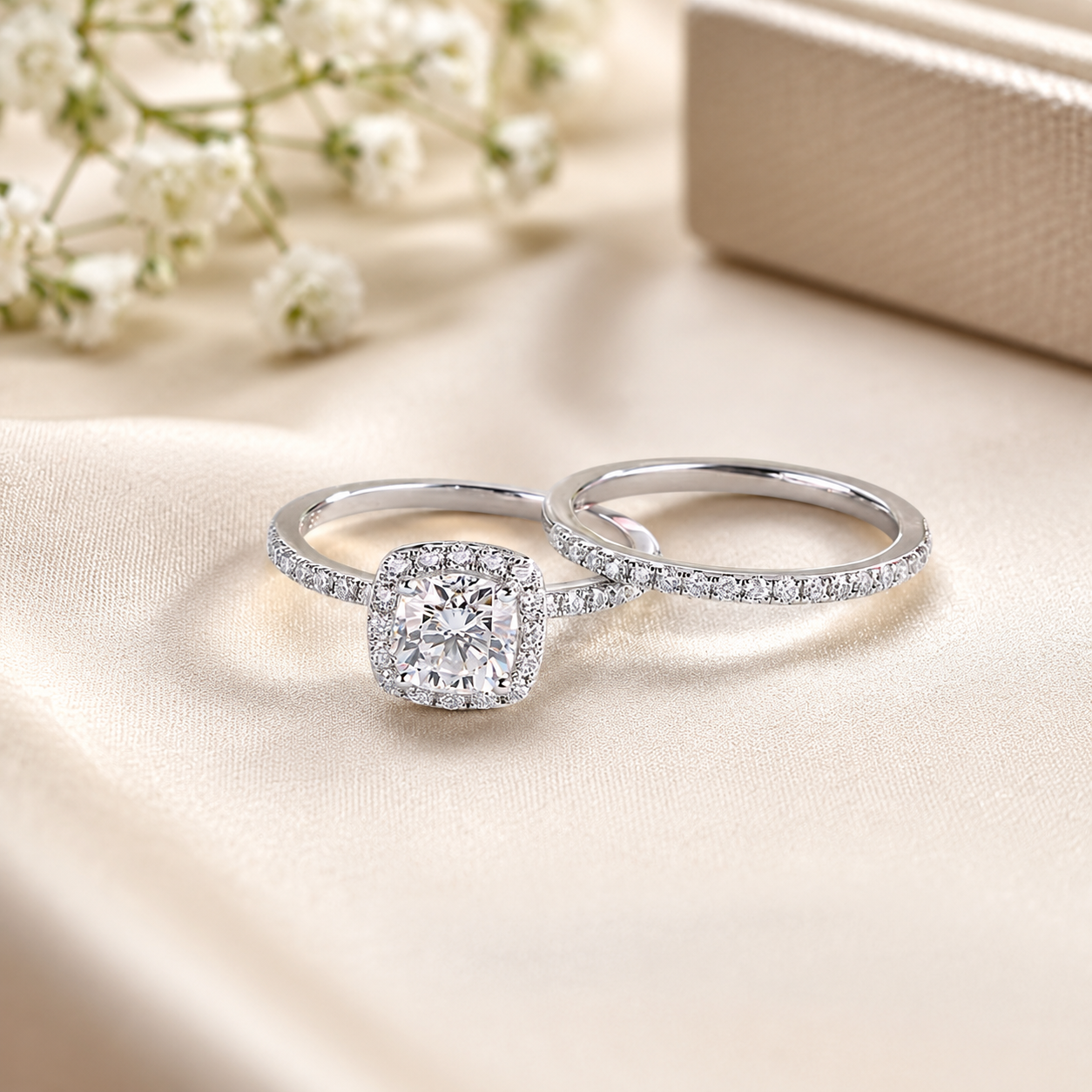 Cushion Cut 1 Carat Moissanite Diamond Ring Set 925 Sterling Silver