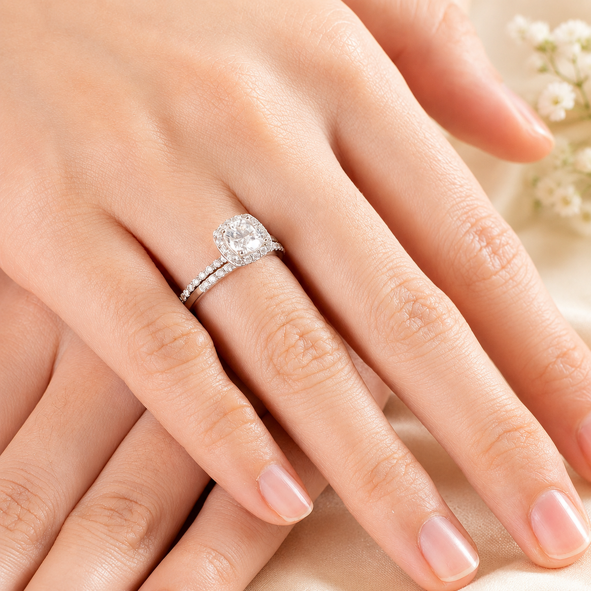 Cushion Cut 1 Carat Moissanite Diamond Ring Set 925 Sterling Silver