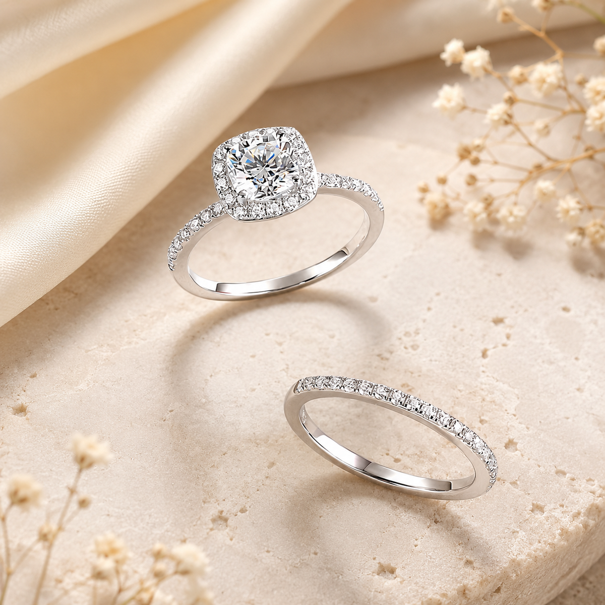 Cushion Cut 1 Carat Moissanite Diamond Ring Set 925 Sterling Silver