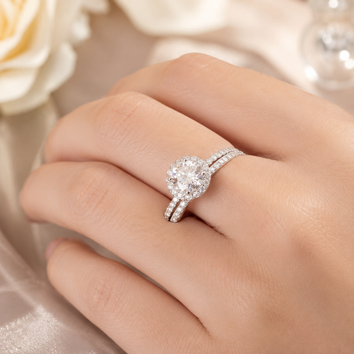 1 Carat Moissanite Diamond Halo Ring Set 925 Sterling Silver