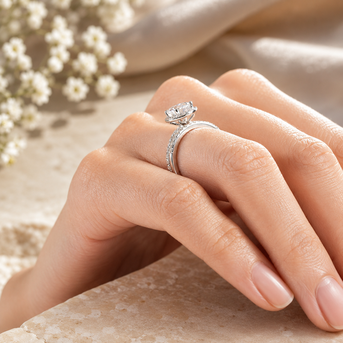 1 Carat Moissanite Diamond Halo Ring Set 925 Sterling Silver