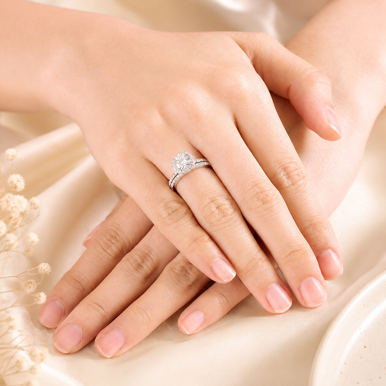 1 Carat Moissanite Diamond Halo Ring Set 925 Sterling Silver
