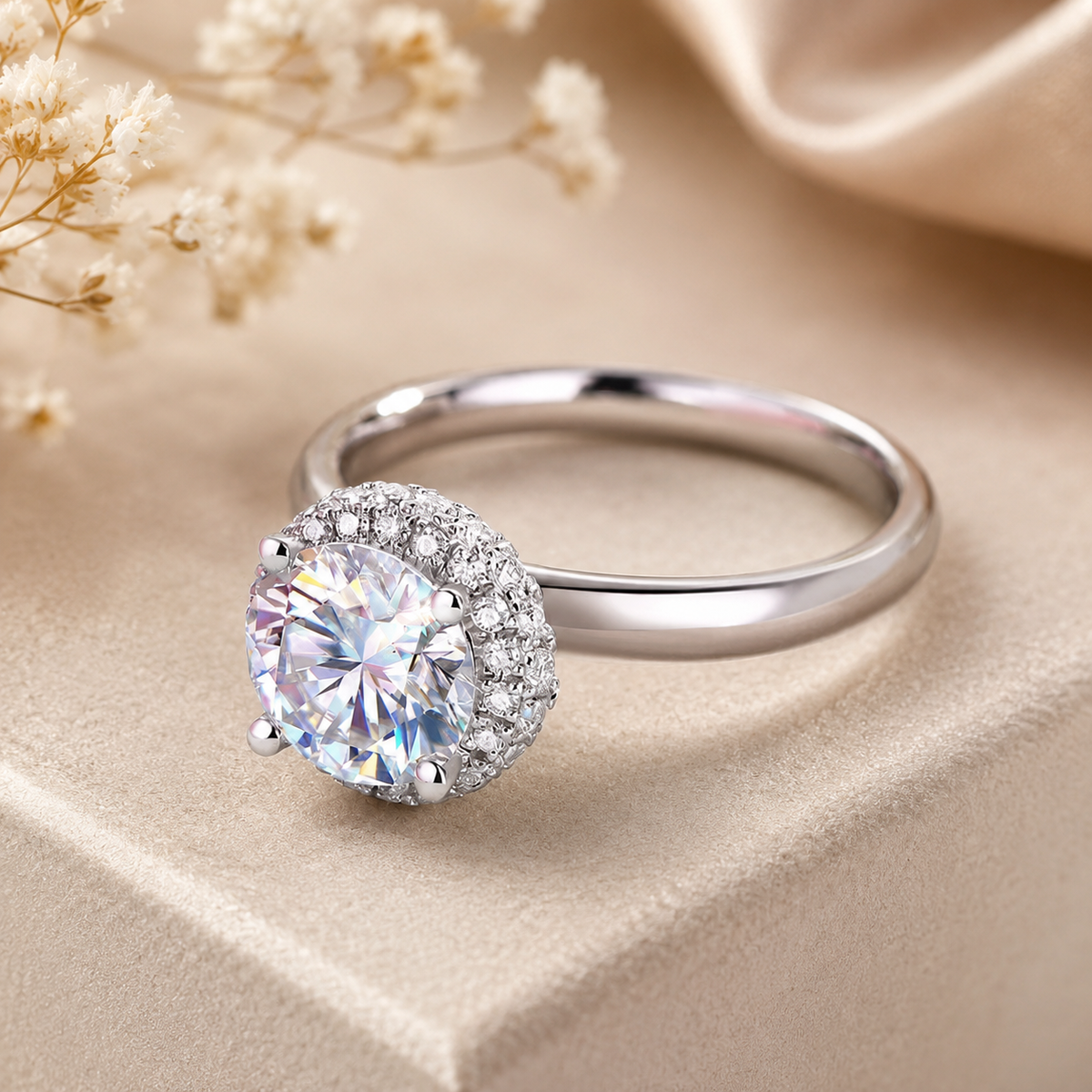 1.5 Carat Moissanite Diamond Ring Halo 925 Sterling Silver