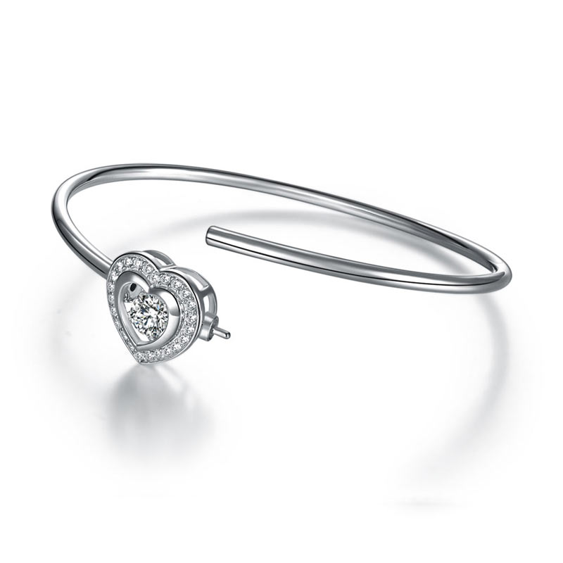 Dancing Stone Heart Bangle Solid 925 Sterling Silver Bridal Wedding - View 4 | SelinJewels
