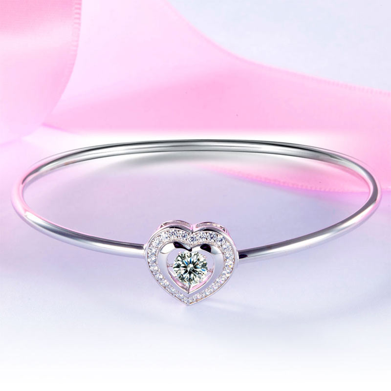 Dancing Stone Heart Bangle Solid 925 Sterling Silver Bridal Wedding - View 3 | SelinJewels