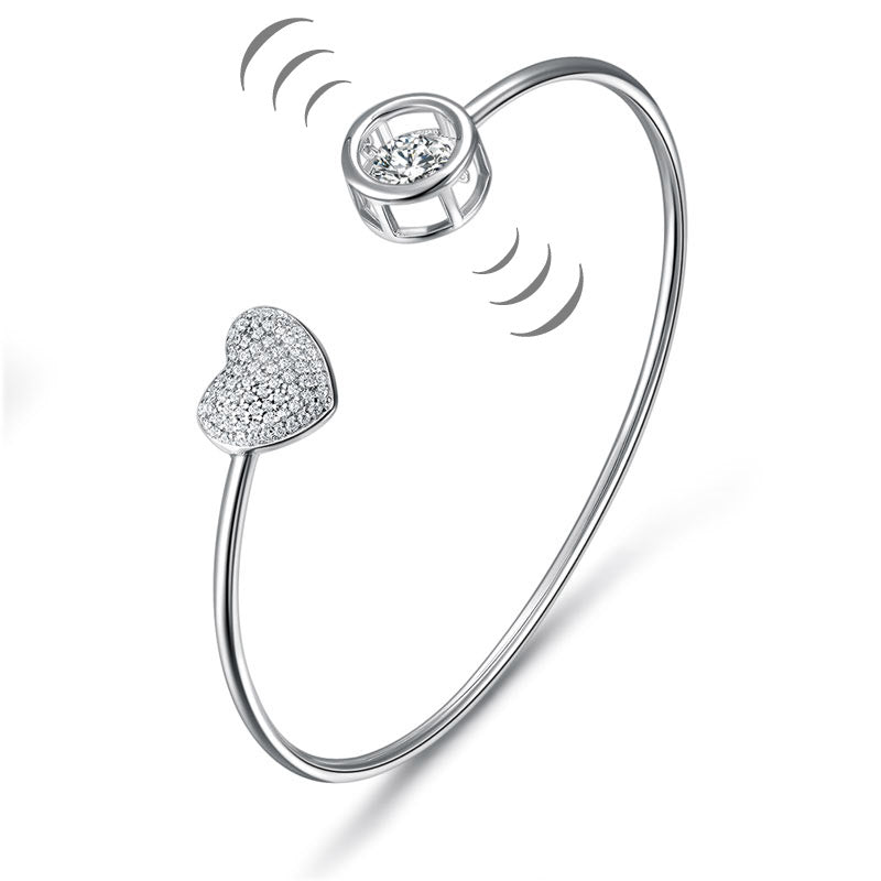 Dancing Stone Heart Bangle Solid 925 Sterling Silver Bridal Wedding | SelinJewels