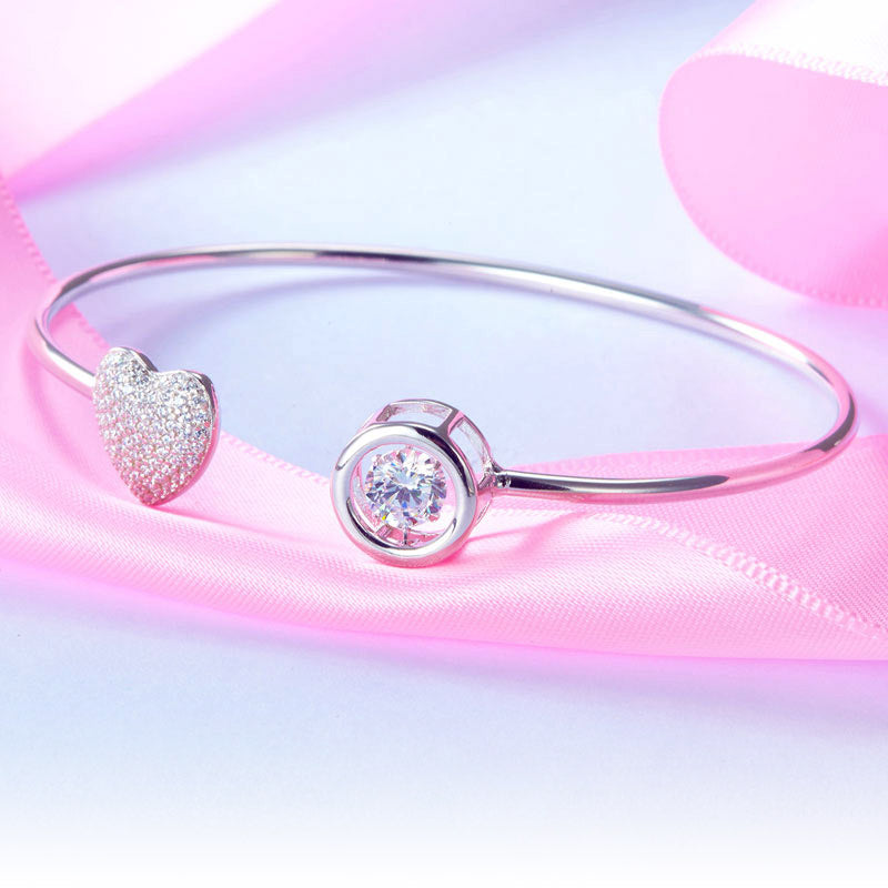 Dancing Stone Heart Bangle Solid 925 Sterling Silver Bridal Wedding - View 3 | SelinJewels