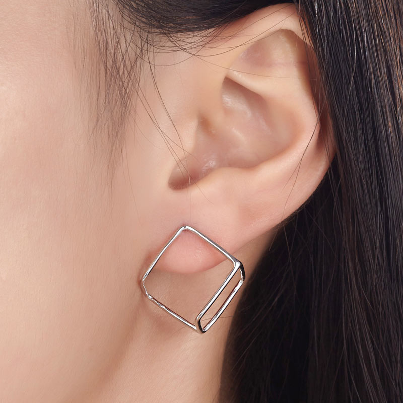 Cube Stud 925 Sterling Silver Earrings Fashion Stylish - View 2 | SelinJewels
