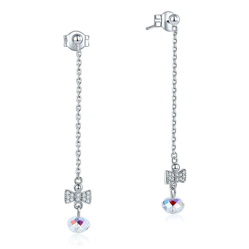 Solid 925 Sterling Silver Drop Dangle Ribbon AB Crystal Earrings | SelinJewels