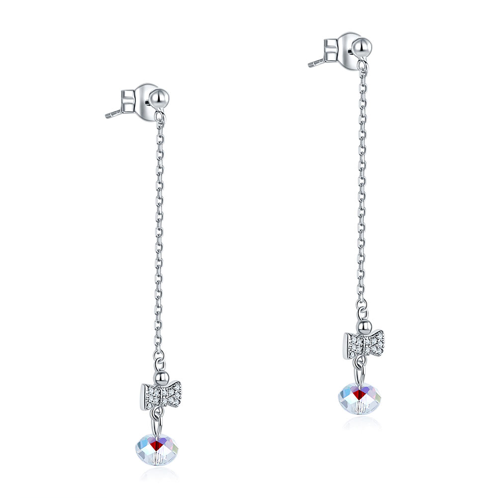 Solid 925 Sterling Silver Drop Dangle Ribbon AB Crystal Earrings - View 6 | SelinJewels