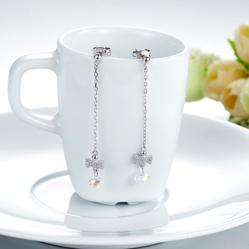 Solid 925 Sterling Silver Drop Dangle Ribbon AB Crystal Earrings - View 2 | SelinJewels