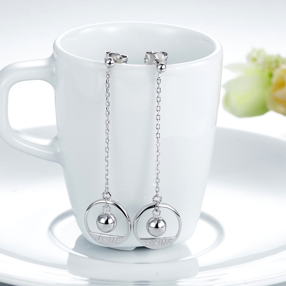 Solid 925 Sterling Silver Long Drop Dangle Love Earrings - View 5 | SelinJewels
