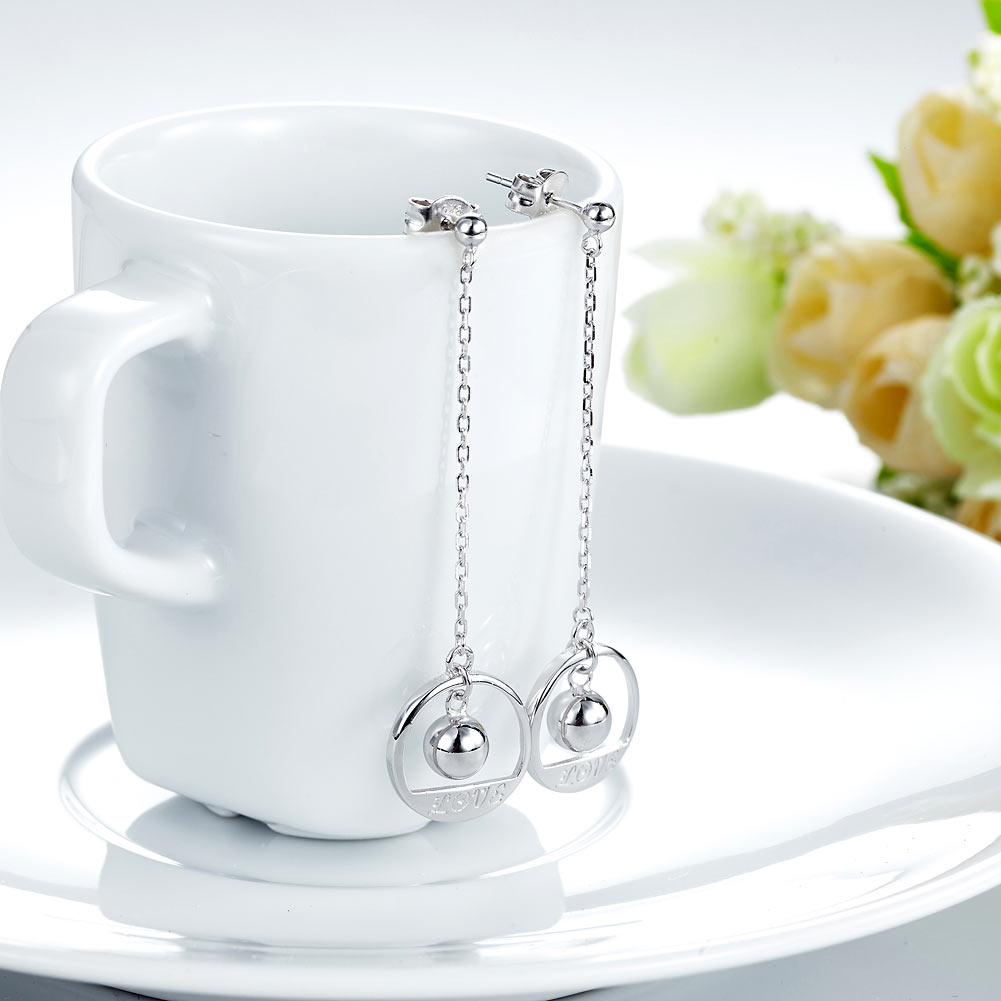 Solid 925 Sterling Silver Long Drop Dangle Love Earrings - View 2 | SelinJewels