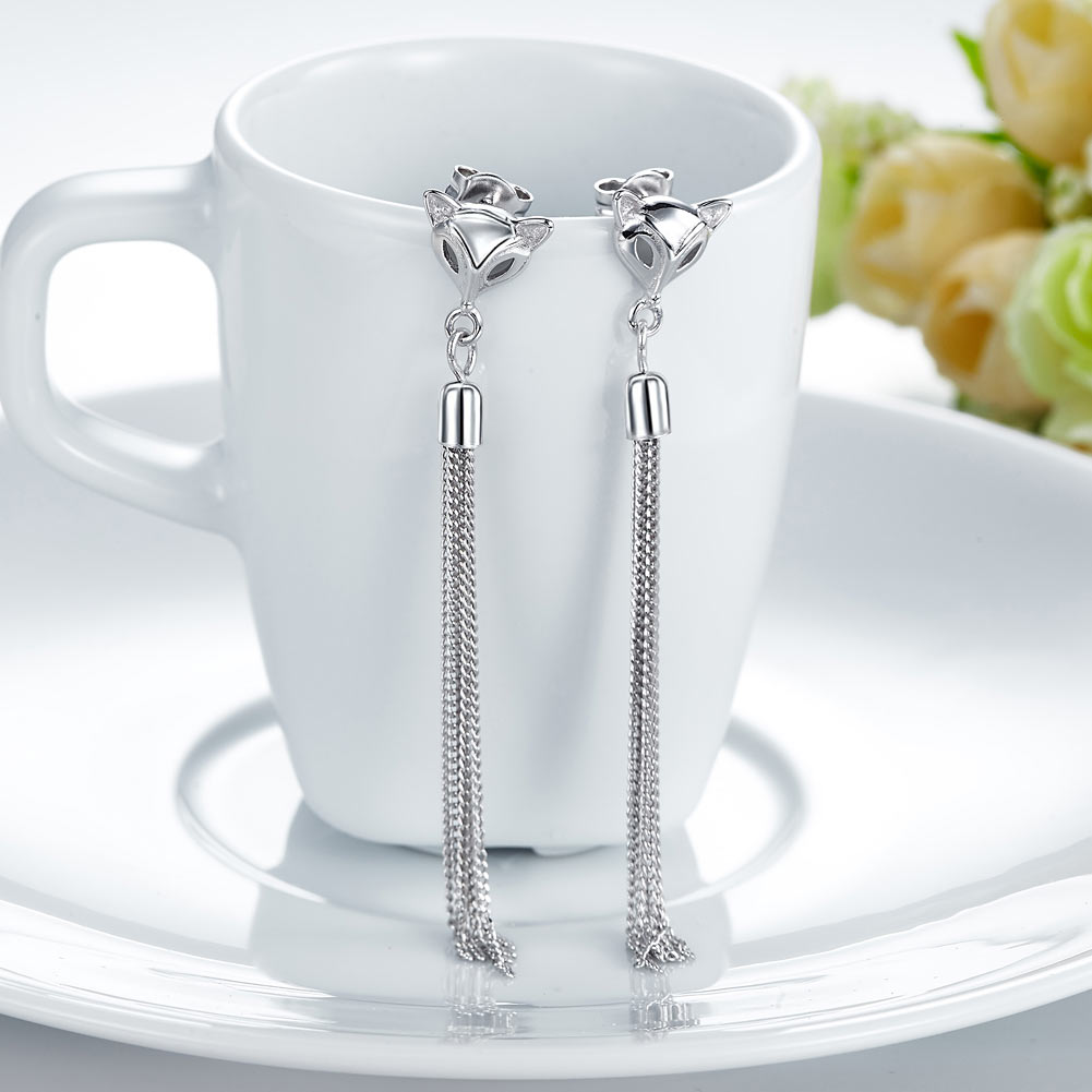 Solid 925 Sterling Silver Earrings Dangle Drop Fox Simple Elegant - View 2 | SelinJewels
