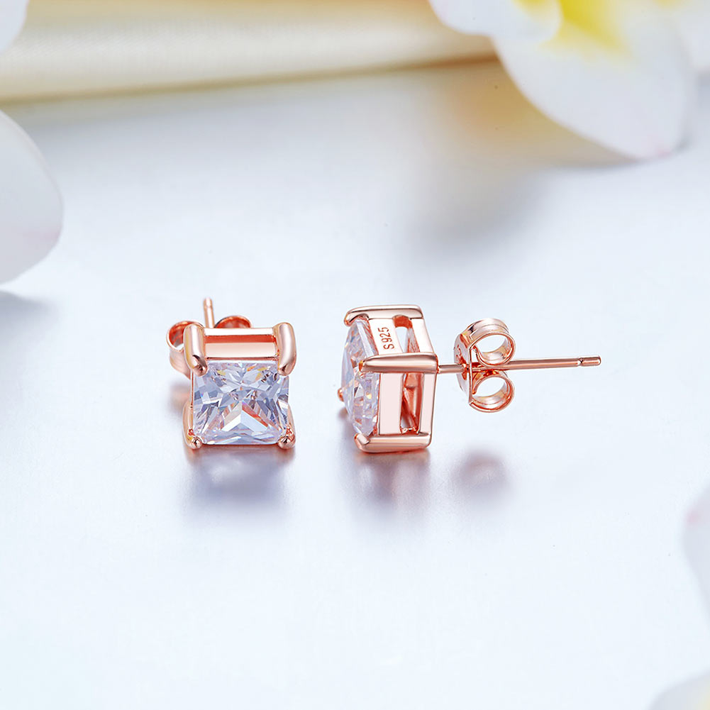 1 Ct Princess Cut Simulated Diamond Stud Earrings 925 Sterling Silver Rose Gold Plated - View 3 | SelinJewels